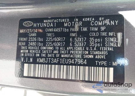 2014 Hyundai Tucson Gls from USA, damaged, VIN KM8JT3AF1EU947964